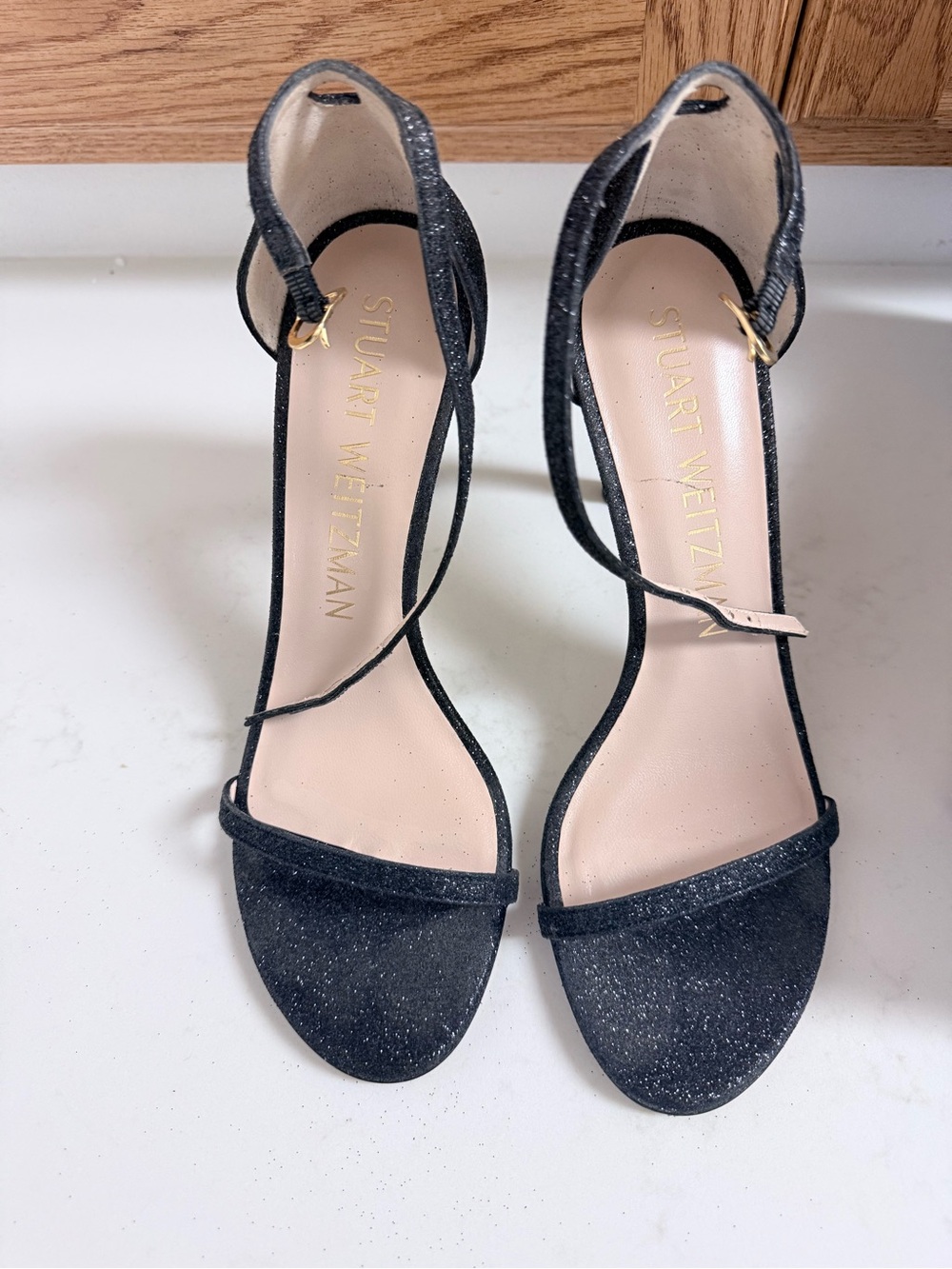 Stuart Weitzman Black Glitter Strappy Ankle-Heel Sandals